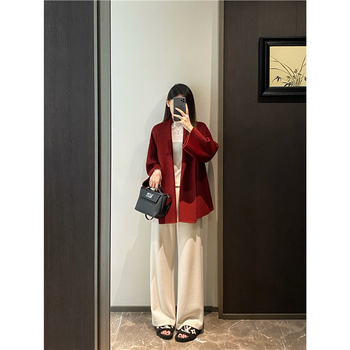 Ženski kaput od kašmira i vune s ovratnikom, vezom u struku, dvostrani, srednje duljine, jesen-zima 2025