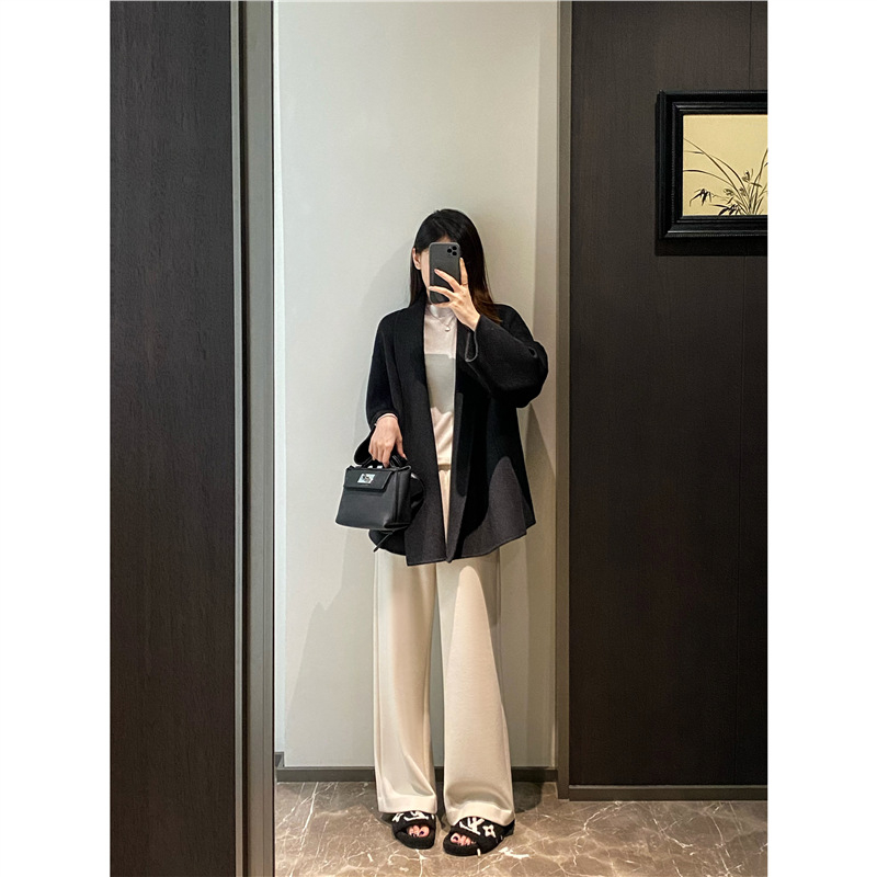 Ženski kaput od kašmira i vune s ovratnikom, vezom u struku, dvostrani, srednje duljine, jesen-zima 2025