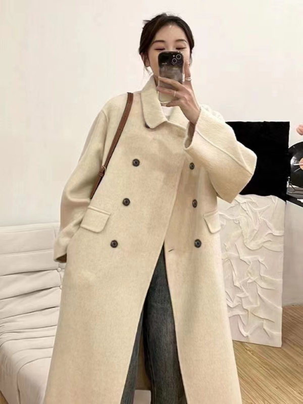 Ženski vuneni kaput s Tencelom, ovratnik doll collar, dvostruko kopčanje, slobodan kroj, srednja duljina (65–80 cm)