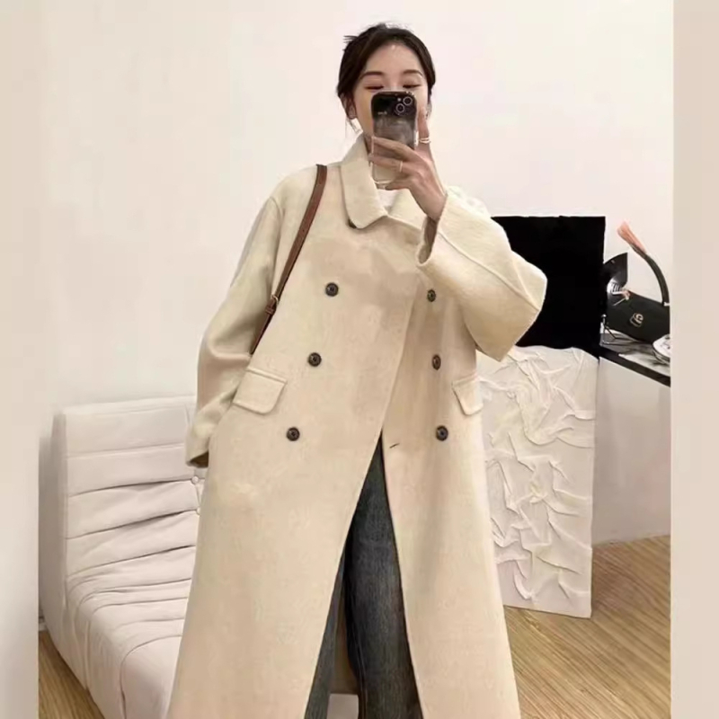 Ženski vuneni kaput s Tencelom, ovratnik doll collar, dvostruko kopčanje, slobodan kroj, srednja duljina (65–80 cm)