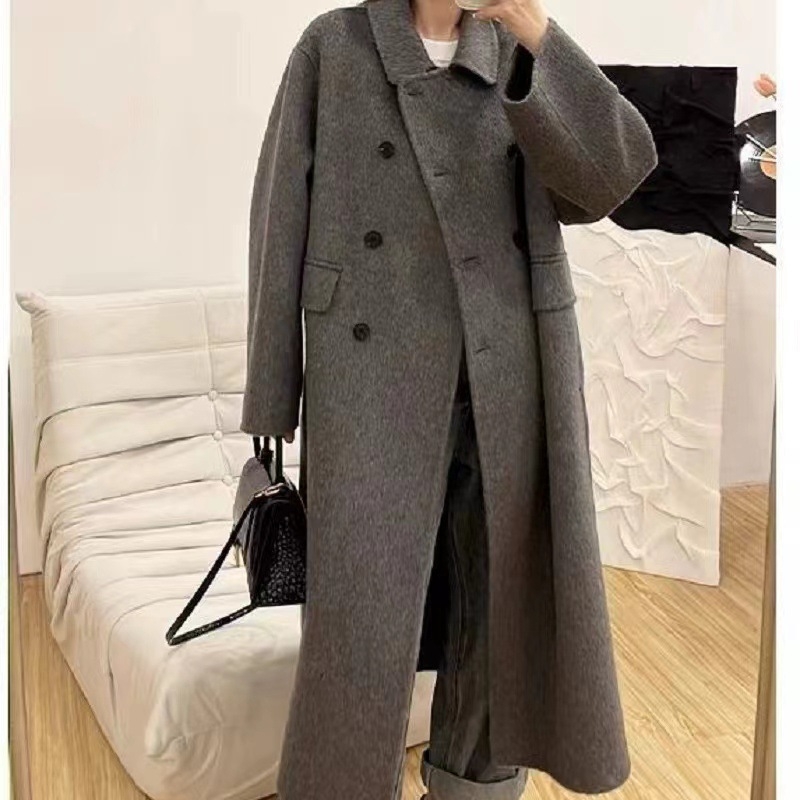 Ženski vuneni kaput s Tencelom, ovratnik doll collar, dvostruko kopčanje, slobodan kroj, srednja duljina (65–80 cm)