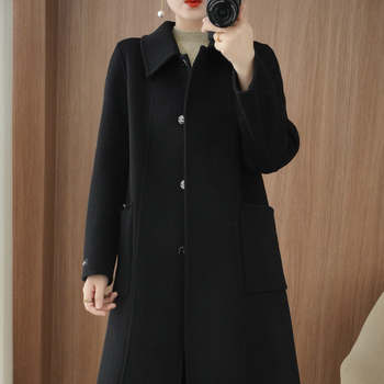 Ženski dvostruki vuneni kaput s kašmirom (>95%), lagan kroj, produžena duljina iznad 100 cm, ovratnik lutke, zatvaranje na dva gumba