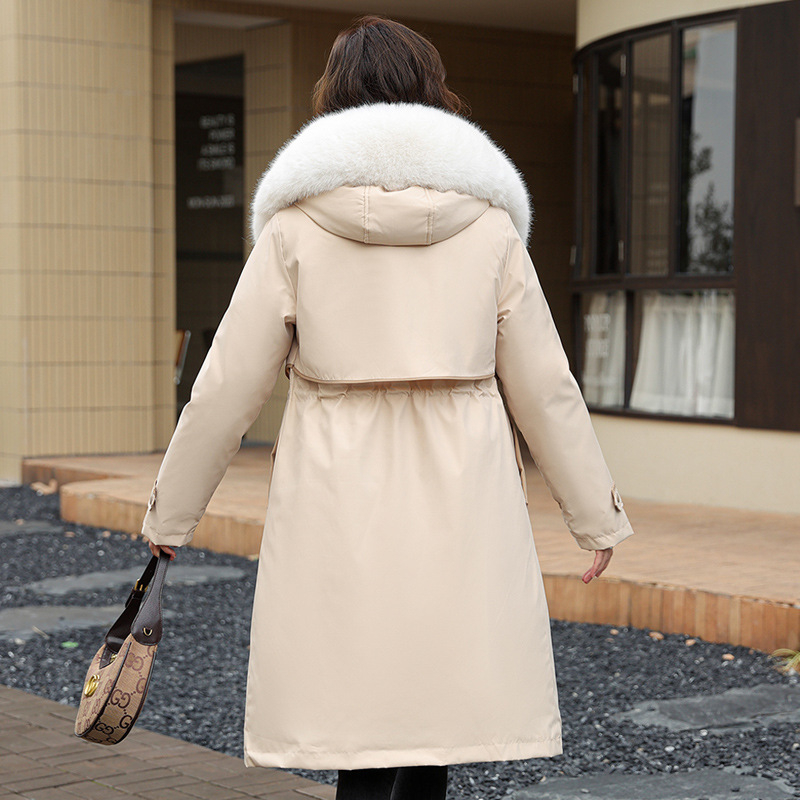Ženska parka s odvojivom unutarnjom postavom, srednja duljina do koljena, debeli pamučni izolacijski vanjski kaput, Corduroy tkanina s krznom zeca (<30%), Zima 2025