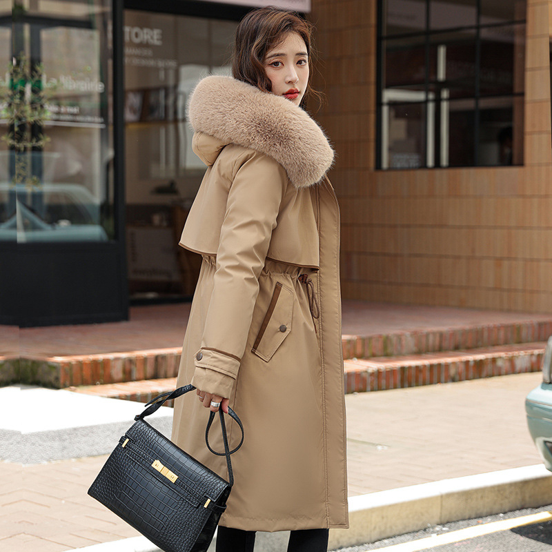 Ženska parka s odvojivom unutarnjom postavom, srednja duljina do koljena, debeli pamučni izolacijski vanjski kaput, Corduroy tkanina s krznom zeca (<30%), Zima 2025