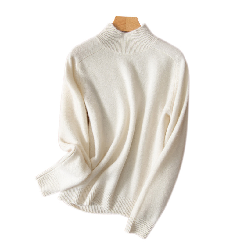 Ženski kašmir džemper — debela pletenina, dugi rukav, prav oblik, bez ovratnika, pulover stil, jesen 2024