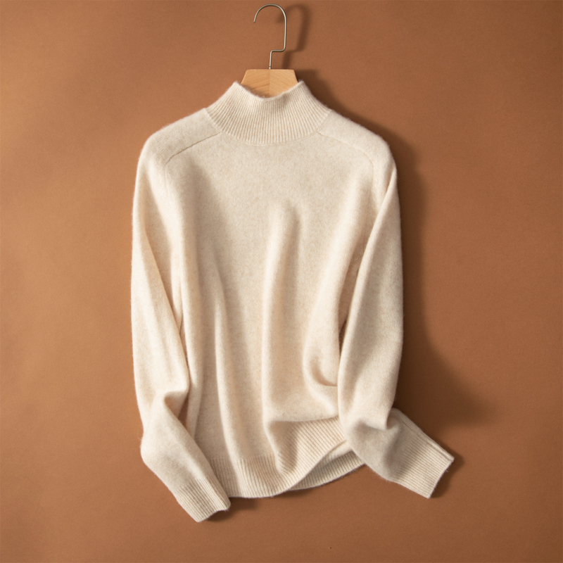 Ženski kašmir džemper — debela pletenina, dugi rukav, prav oblik, bez ovratnika, pulover stil, jesen 2024