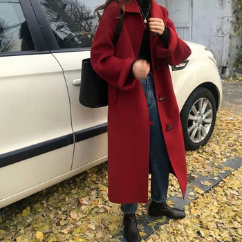 Γυναικείο παλτό από κασμίρ, χοντρό ύφασμα, μακρύ μήκος, γιακάς με κουμπί, μπροστινό κούμπωμα με ένα κουμπί