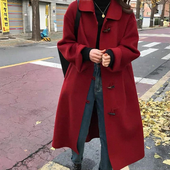 Γυναικείο παλτό από κασμίρ, χοντρό ύφασμα, μακρύ μήκος, γιακάς με κουμπί, μπροστινό κούμπωμα με ένα κουμπί