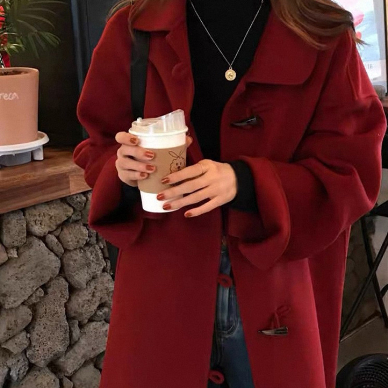 Γυναικείο παλτό από κασμίρ, χοντρό ύφασμα, μακρύ μήκος, γιακάς με κουμπί, μπροστινό κούμπωμα με ένα κουμπί