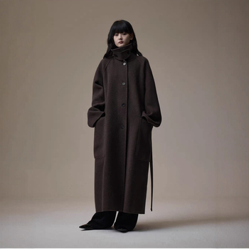 Palton de lână pentru femei, lung, cu guler înalt, închidere cu catarame pe un rând, conținut 95% lână, stil urban elegant