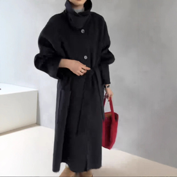 Palton de lână pentru femei, lung, cu guler înalt, închidere cu catarame pe un rând, conținut 95% lână, stil urban elegant