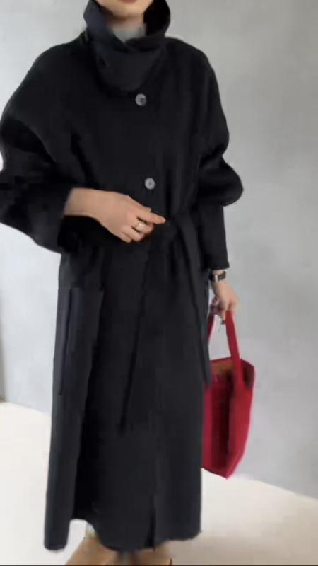 Palton de lână pentru femei, lung, cu guler înalt, închidere cu catarame pe un rând, conținut 95% lână, stil urban elegant