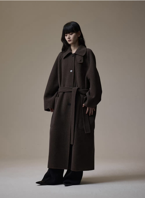 Palton de lână pentru femei, lung, cu guler înalt, închidere cu catarame pe un rând, conținut 95% lână, stil urban elegant