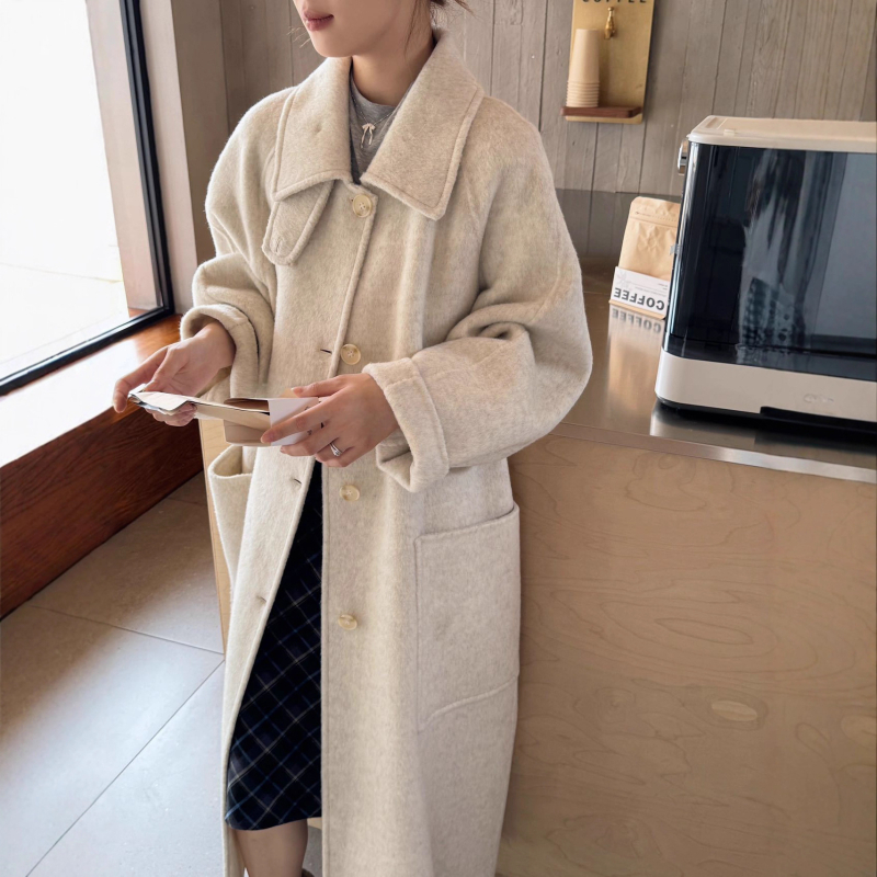 Palton de lână pentru femei, lung, cu guler înalt, închidere cu catarame pe un rând, conținut 95% lână, stil urban elegant