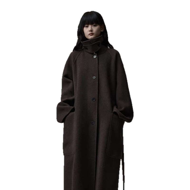 Palton de lână pentru femei, lung, cu guler înalt, închidere cu catarame pe un rând, conținut 95% lână, stil urban elegant