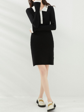 Kötött hosszú ujjú polo ruha gallérral, magas derékkal, csípő-siluettel, viszkóz anyag