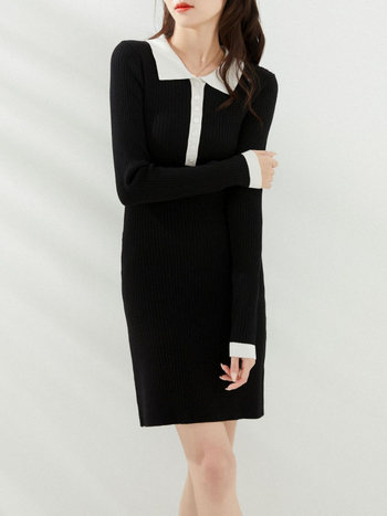 Kötött hosszú ujjú polo ruha gallérral, magas derékkal, csípő-siluettel, viszkóz anyag