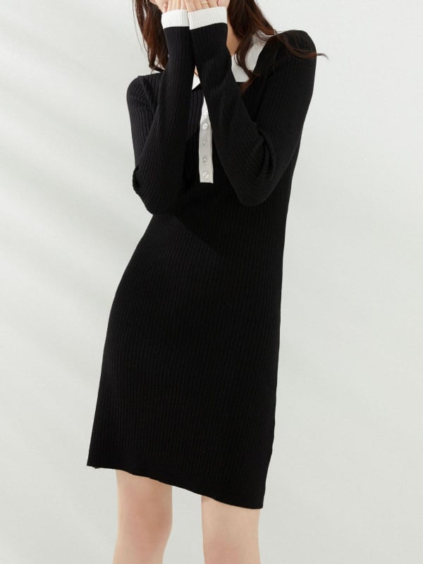 Kötött hosszú ujjú polo ruha gallérral, magas derékkal, csípő-siluettel, viszkóz anyag