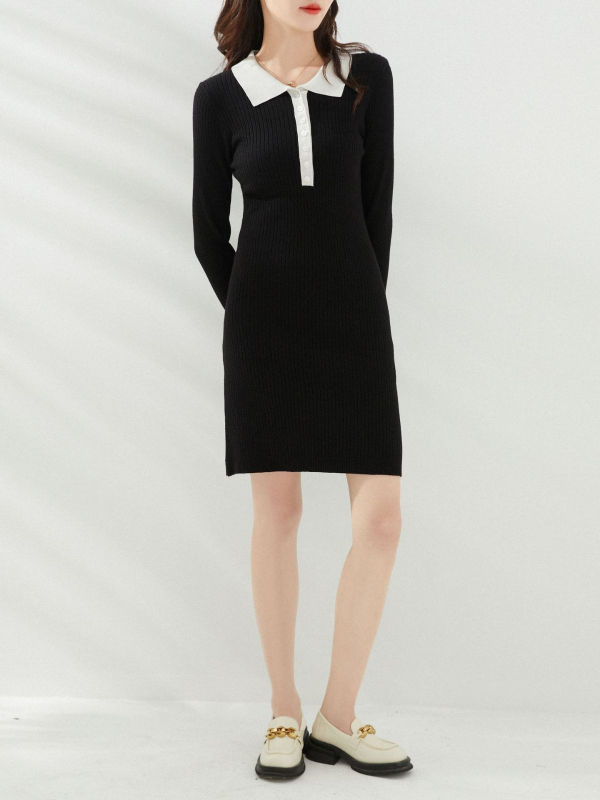 Kötött hosszú ujjú polo ruha gallérral, magas derékkal, csípő-siluettel, viszkóz anyag