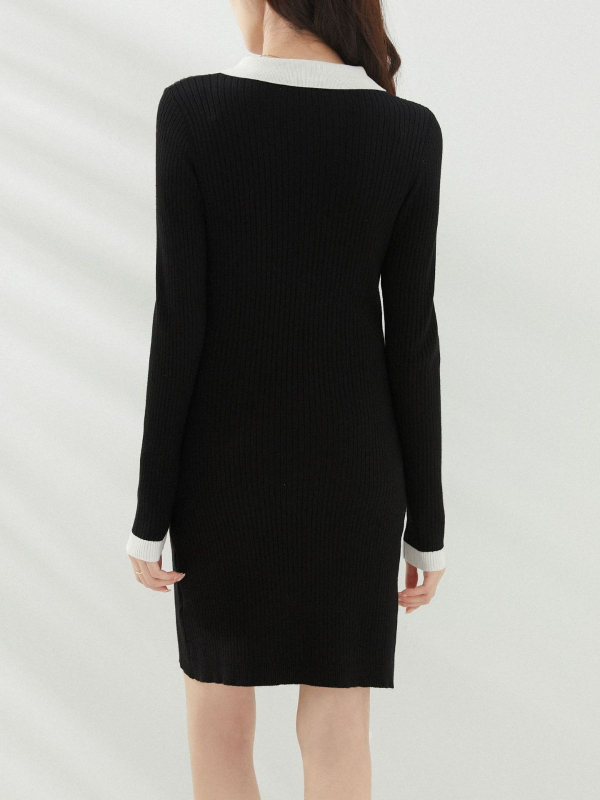 Kötött hosszú ujjú polo ruha gallérral, magas derékkal, csípő-siluettel, viszkóz anyag