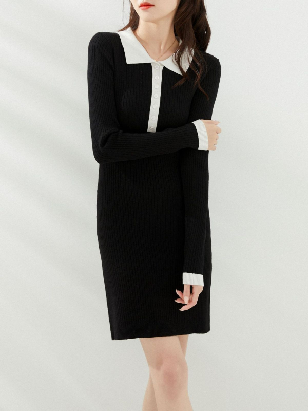 Kötött hosszú ujjú polo ruha gallérral, magas derékkal, csípő-siluettel, viszkóz anyag