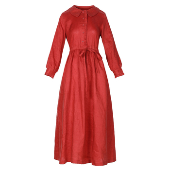 Lanena haljina s kukičanim ovratnikom, lampionskim rukavima i širokom zavodnom suknjom