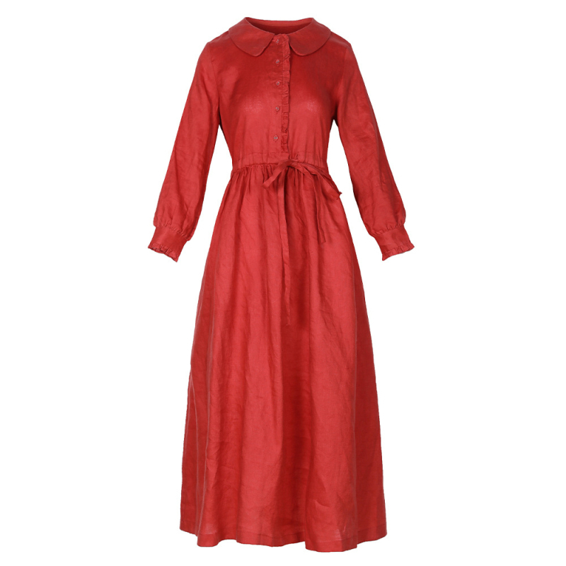 Lanena haljina s kukičanim ovratnikom, lampionskim rukavima i širokom zavodnom suknjom