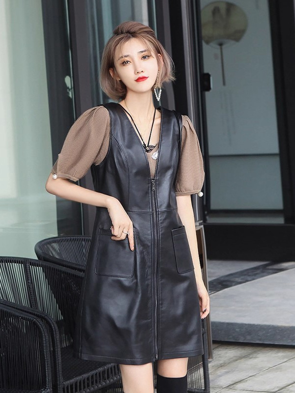 Haljina od prave ovčje kože, A-linija, srednja duljina, naramenice, V izrez, bez rukava, zatvarač, poslovni stil za jesen 2025