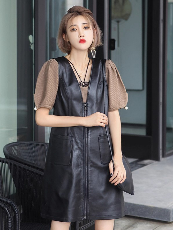 Haljina od prave ovčje kože, A-linija, srednja duljina, naramenice, V izrez, bez rukava, zatvarač, poslovni stil za jesen 2025