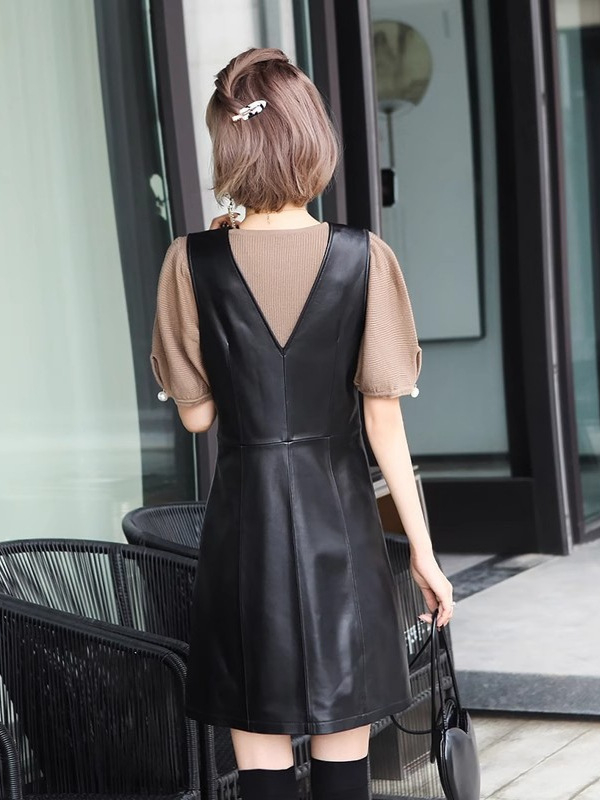 Haljina od prave ovčje kože, A-linija, srednja duljina, naramenice, V izrez, bez rukava, zatvarač, poslovni stil za jesen 2025