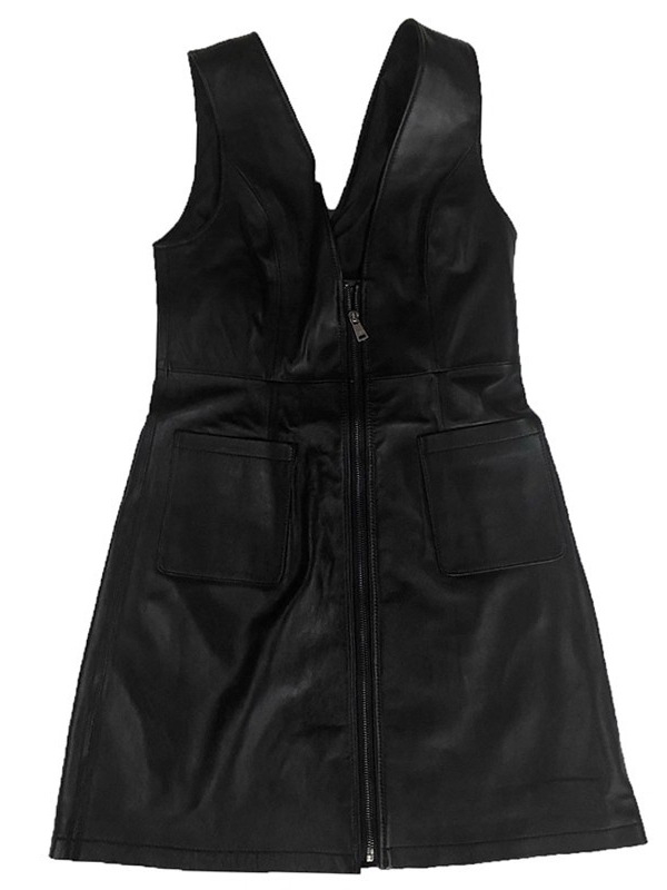 Haljina od prave ovčje kože, A-linija, srednja duljina, naramenice, V izrez, bez rukava, zatvarač, poslovni stil za jesen 2025