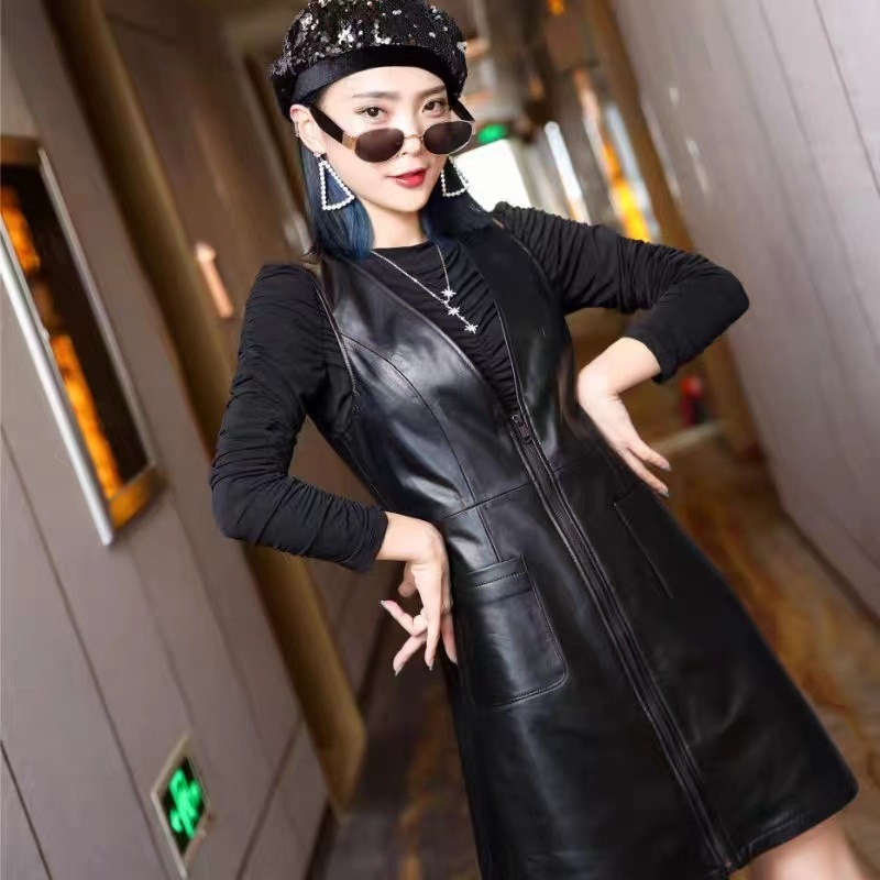 Haljina od prave ovčje kože, A-linija, srednja duljina, naramenice, V izrez, bez rukava, zatvarač, poslovni stil za jesen 2025