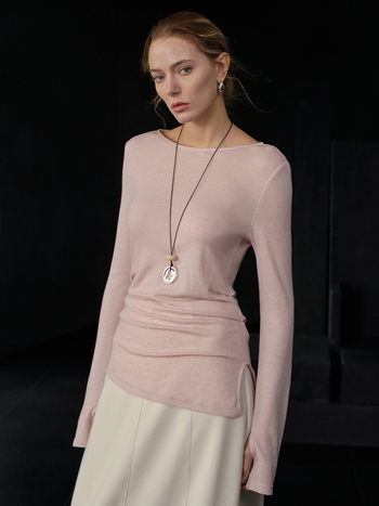 Ženski tanki pleteni top s dugim rukavima od mješavine Tencel-vuna, uska silueta, okrugli izrez, asimetričan rub