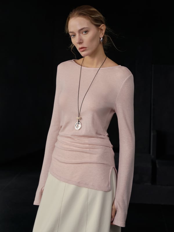 Ženski tanki pleteni top s dugim rukavima od mješavine Tencel-vuna, uska silueta, okrugli izrez, asimetričan rub