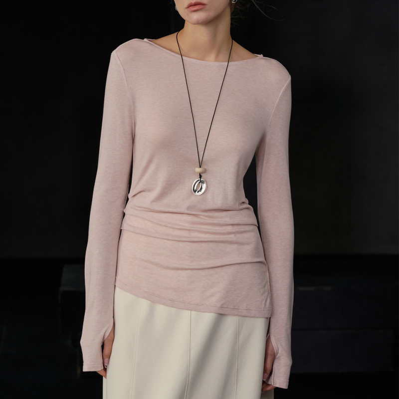 Ženski tanki pleteni top s dugim rukavima od mješavine Tencel-vuna, uska silueta, okrugli izrez, asimetričan rub