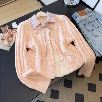 Dvojdielny pletený kardigánový set, bavlna-polyester zmes, jednofarebný, hrubá pletenina