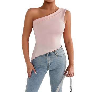 Топ с едно рамо и наклонена яка, стегнат силует, без ръкави, разтягащ се полиестер със спандекс, равномерен десен