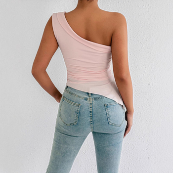 Топ с едно рамо и наклонена яка, стегнат силует, без ръкави, разтягащ се полиестер със спандекс, равномерен десен