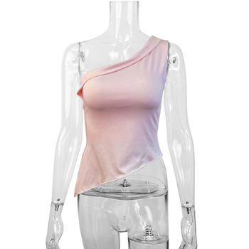 Топ с едно рамо и наклонена яка, стегнат силует, без ръкави, разтягащ се полиестер със спандекс, равномерен десен