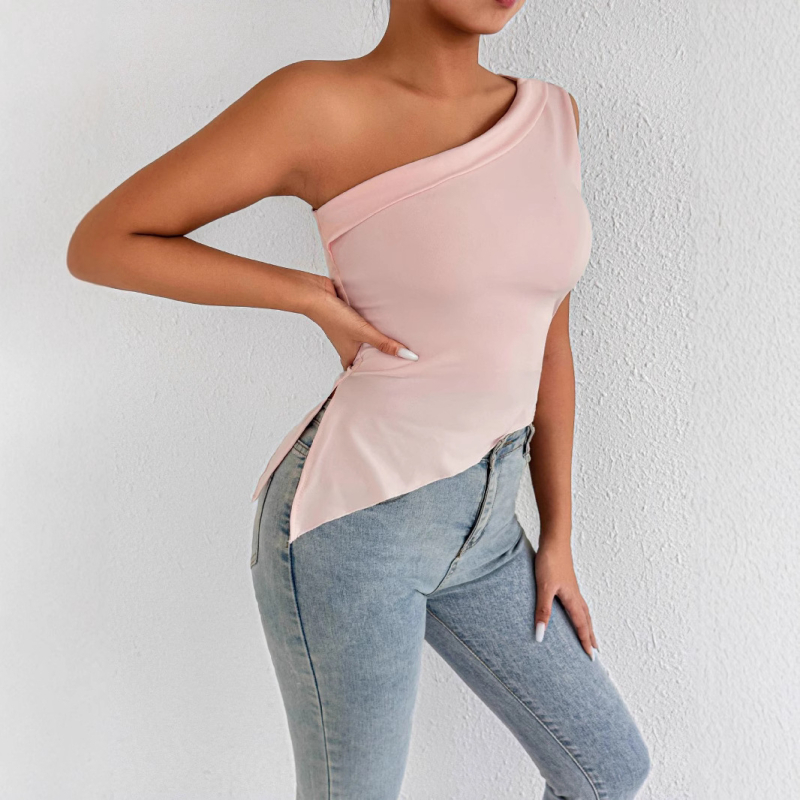 Топ с едно рамо и наклонена яка, стегнат силует, без ръкави, разтягащ се полиестер със спандекс, равномерен десен