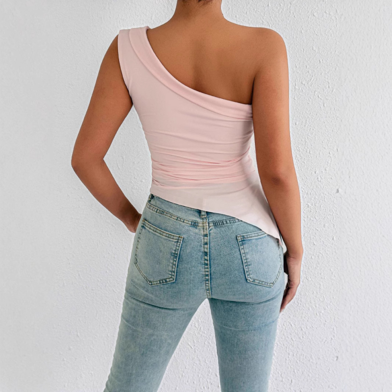 Топ с едно рамо и наклонена яка, стегнат силует, без ръкави, разтягащ се полиестер със спандекс, равномерен десен