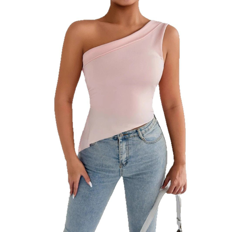 Топ с едно рамо и наклонена яка, стегнат силует, без ръкави, разтягащ се полиестер със спандекс, равномерен десен