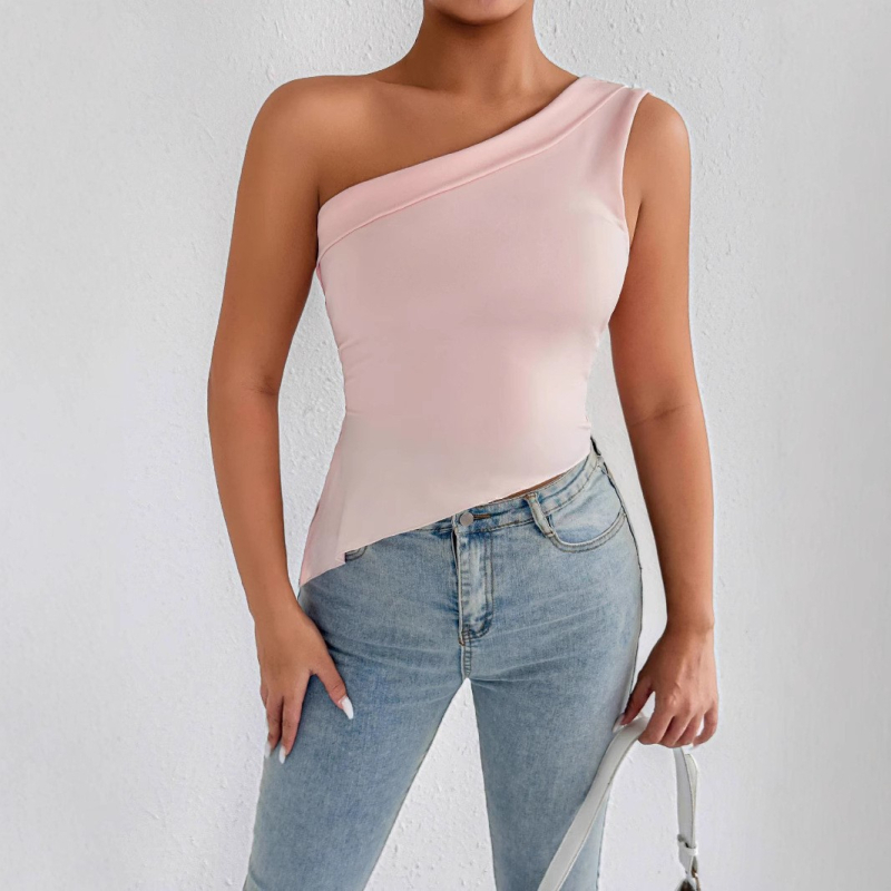 Топ с едно рамо и наклонена яка, стегнат силует, без ръкави, разтягащ се полиестер със спандекс, равномерен десен