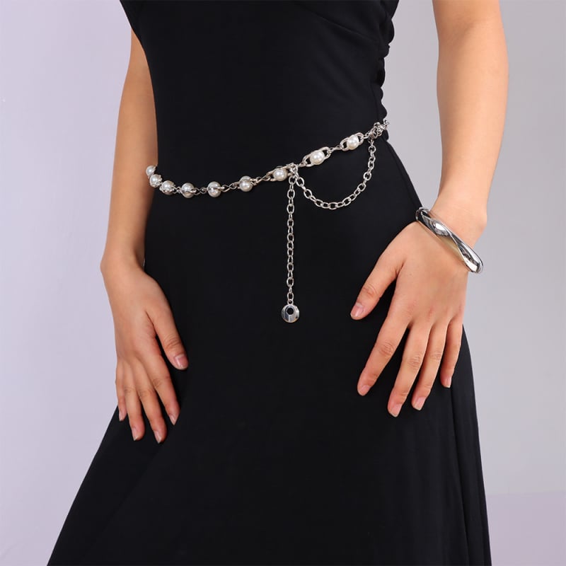 Perlasta kaiš s perlama i metalnim tijelom, unisex, širina 2 cm, jedna kopča za pojas, mogućnost prilagodbe