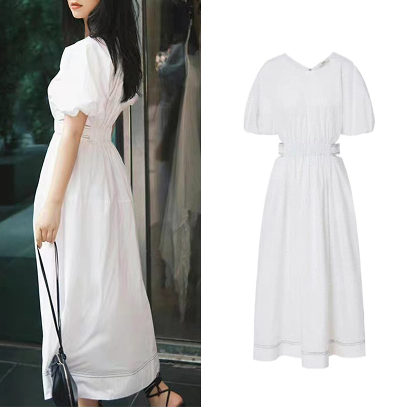 Rochie din bumbac cu mâneci bufante, detaliu decupat, guler rotund, lungime midi