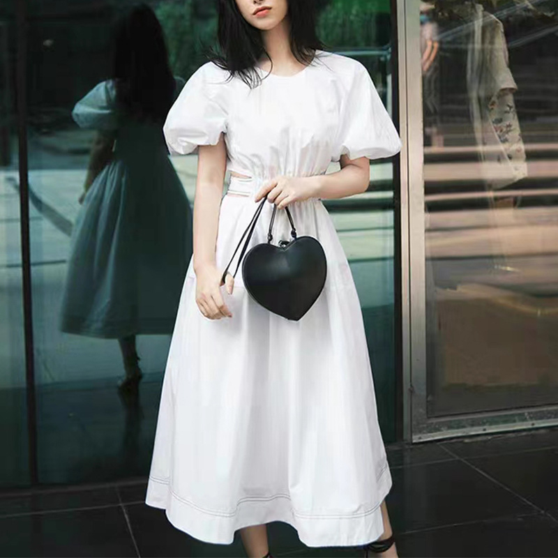 Rochie din bumbac cu mâneci bufante, detaliu decupat, guler rotund, lungime midi