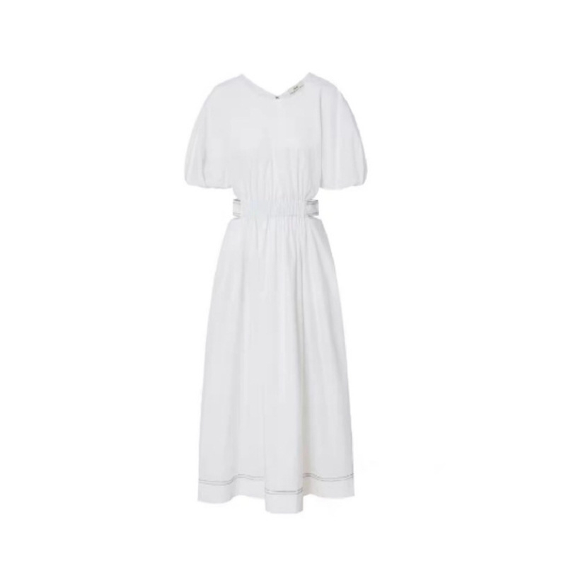 Rochie din bumbac cu mâneci bufante, detaliu decupat, guler rotund, lungime midi