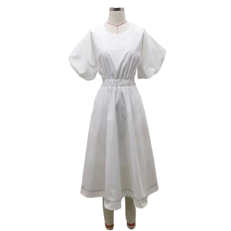 Rochie din bumbac cu mâneci bufante, detaliu decupat, guler rotund, lungime midi