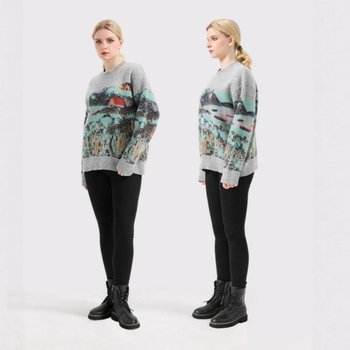 Džemper s color-block bojom od mohirа, okrugli izrez, kapuljača, dugi rukavi, otisak (Mohair pletenina; smjesa kemijskih vlakana; glavni materijal <30%)