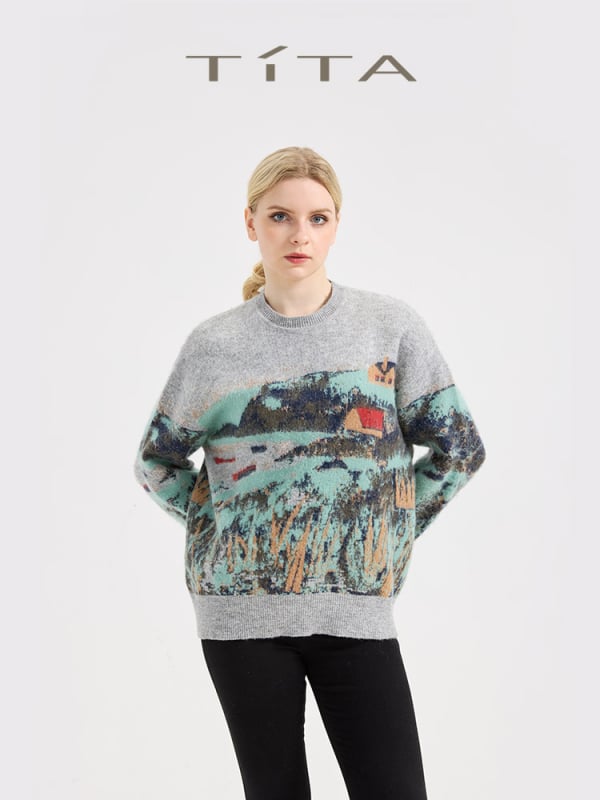 Džemper s color-block bojom od mohirа, okrugli izrez, kapuljača, dugi rukavi, otisak (Mohair pletenina; smjesa kemijskih vlakana; glavni materijal <30%)